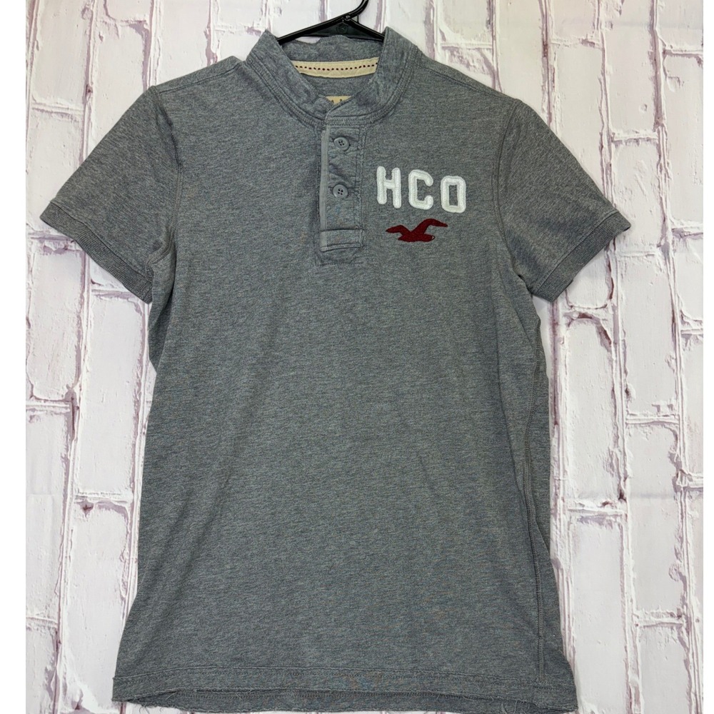 VTG Y2K Hollister Henley Shirt Gray HCO Stitched Logo Preppy Short Sleeve Mens M